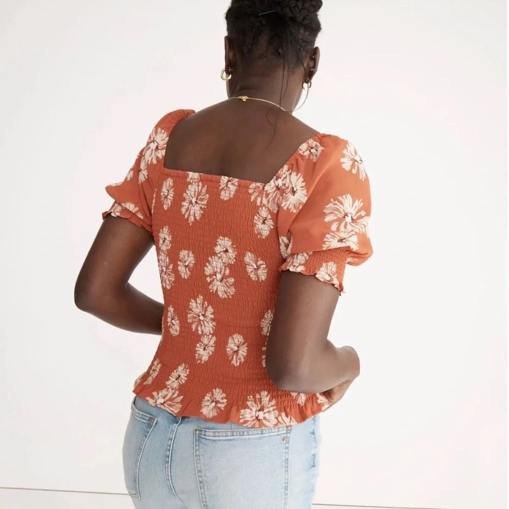 Madewell Georgette Lucie Puff Sleeve Smocked Top Rust Floral Square Neck Size M
